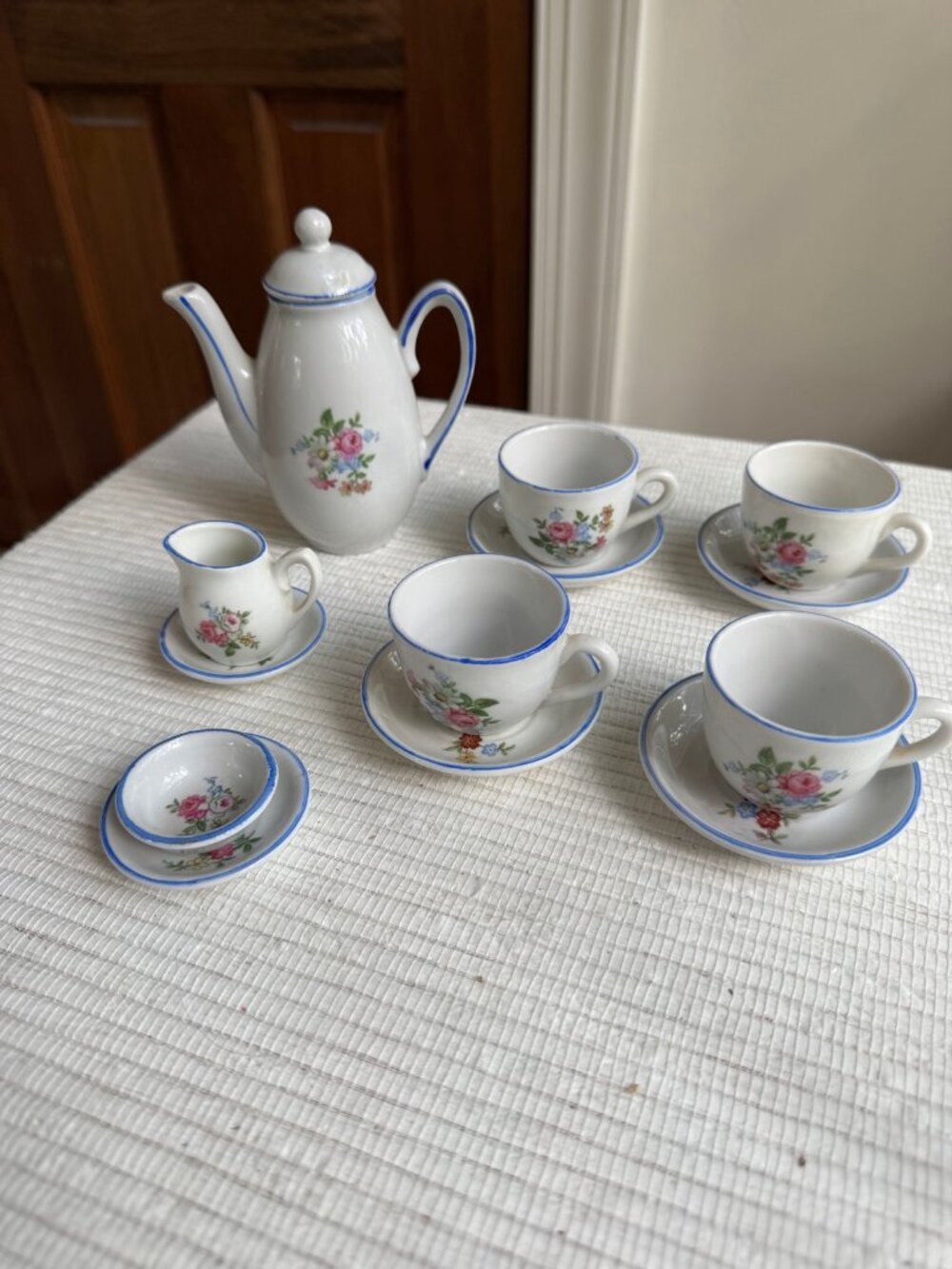 Porcelain Miniature Child's Tea Set | Floral with Blue Trim, 13 Pieces